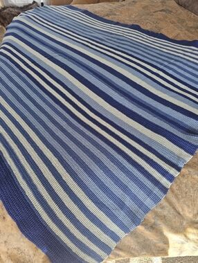 Vintage Blue Crochet Afghan Throw Blanket Grannycore Stripe Large 72x50